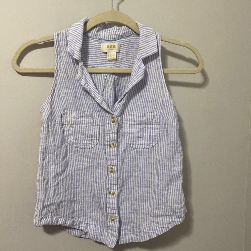 Maeve Blue and White Stripped Linen‎ Blend Top